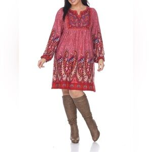 White Mark Plus Size Red Blue Embroidered Knit Long Sleeve Mini Dress